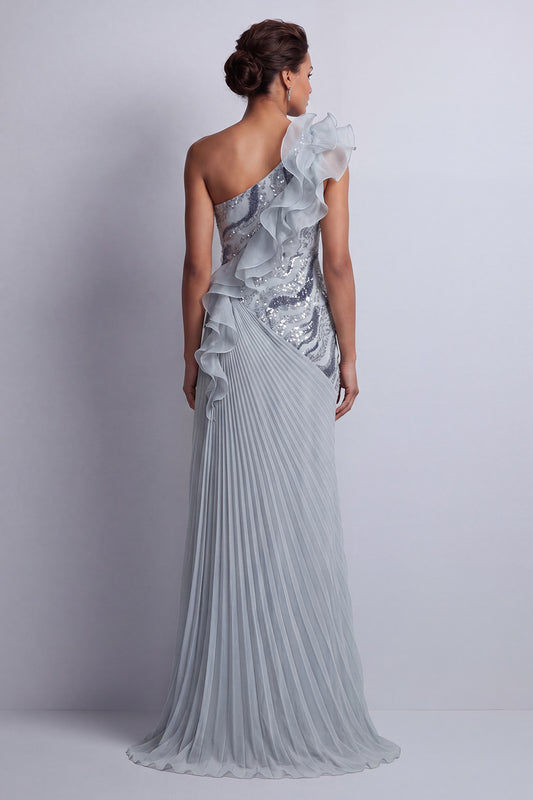 Sheath Sparkly Dusty Blue Long Beaded Mother of the Bride Dress with Ruffles