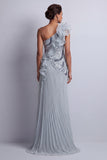 Sheath Sparkly Dusty Blue Long Beaded Mother of the Bride Dress with Ruffles