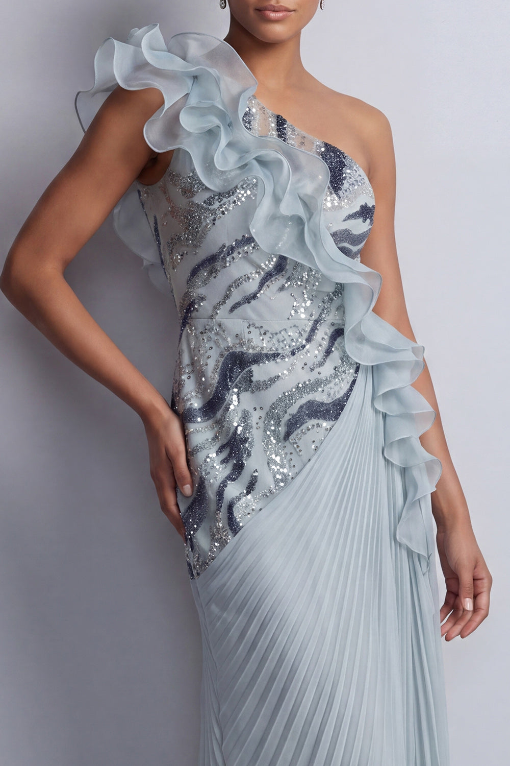 Sheath Sparkly Dusty Blue Long Beaded Mother of the Bride Dress with Ruffles
