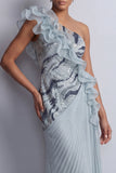 Sheath Sparkly Dusty Blue Long Beaded Mother of the Bride Dress with Ruffles