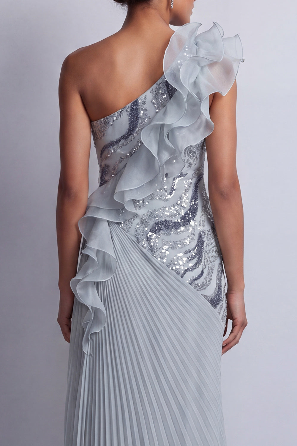 Sheath Sparkly Dusty Blue Long Beaded Mother of the Bride Dress with Ruffles