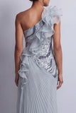 Sheath Sparkly Dusty Blue Long Beaded Mother of the Bride Dress with Ruffles