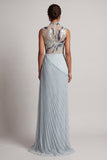 Sparkly Dusty Blue Sheath Long Beaded Mother of the Bride Dress with Pleats