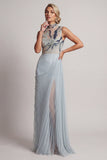 Sparkly Dusty Blue Sheath Long Beaded Mother of the Bride Dress with Pleats