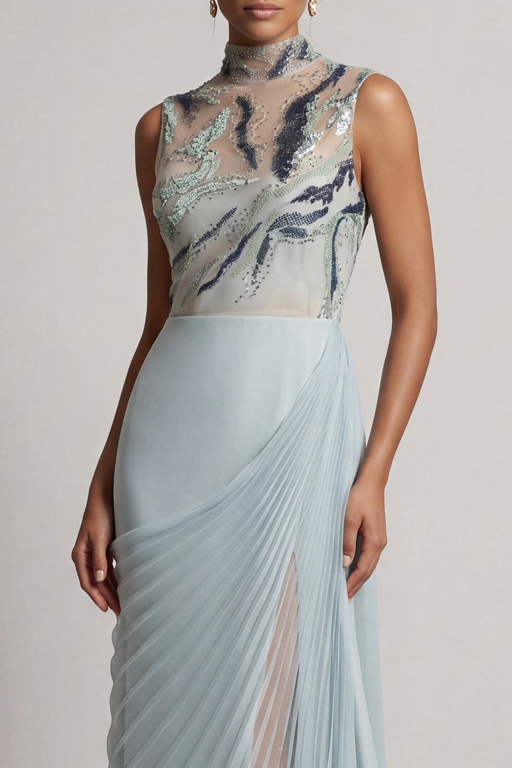 Sparkly Dusty Blue Sheath Long Beaded Mother of the Bride Dress with Pleats