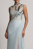 Sparkly Dusty Blue Sheath Long Beaded Mother of the Bride Dress with Pleats