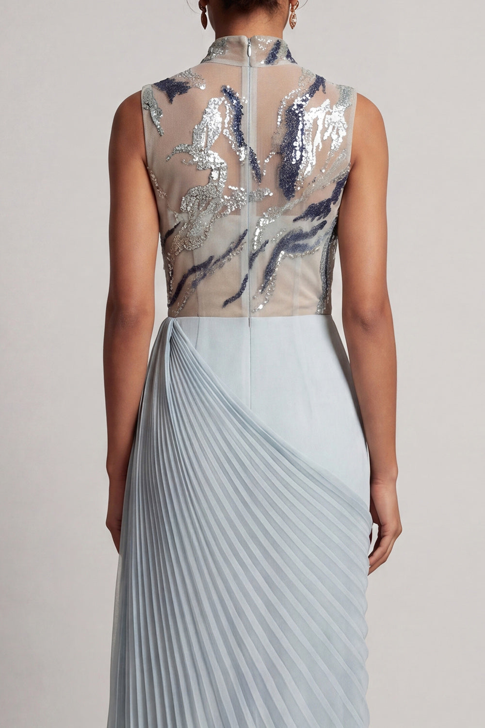 Sparkly Dusty Blue Sheath Long Beaded Mother of the Bride Dress with Pleats