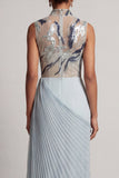 Sparkly Dusty Blue Sheath Long Beaded Mother of the Bride Dress with Pleats