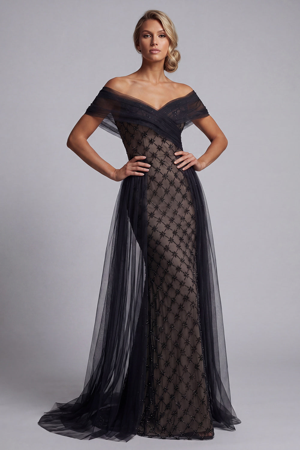Sparkly Black Beaded Mermaid Long Mother of the Bride Dress with Cape