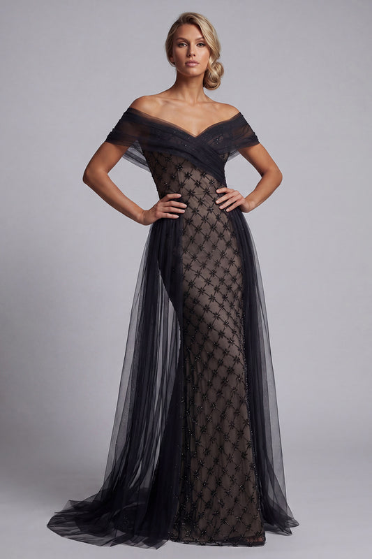 Sparkly Black Beaded Mermaid Long Mother of the Bride Dress with Cape
