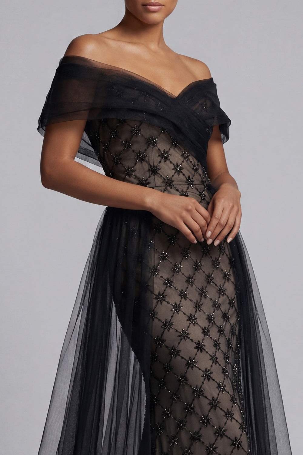 Sparkly Black Beaded Mermaid Long Mother of the Bride Dress with Cape