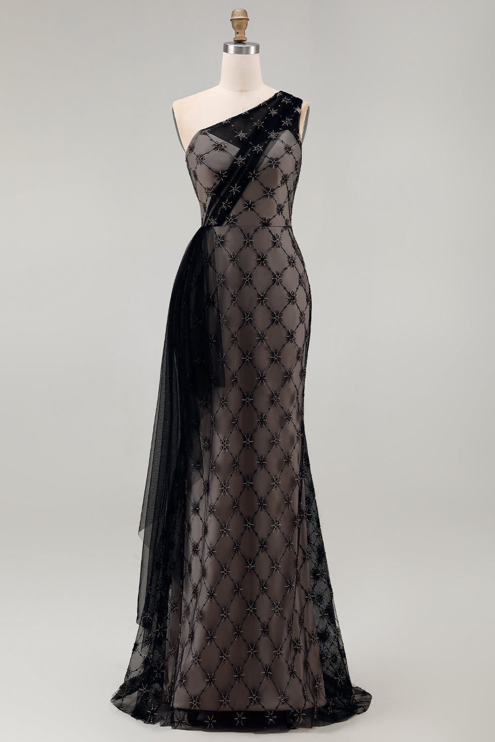 One Shoulder Sparkly Black Beaded Mermaid Long Mother of the Bride Dress with Ruffles