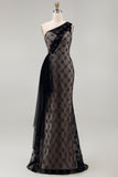 One Shoulder Sparkly Black Beaded Mermaid Long Mother of the Bride Dress with Ruffles