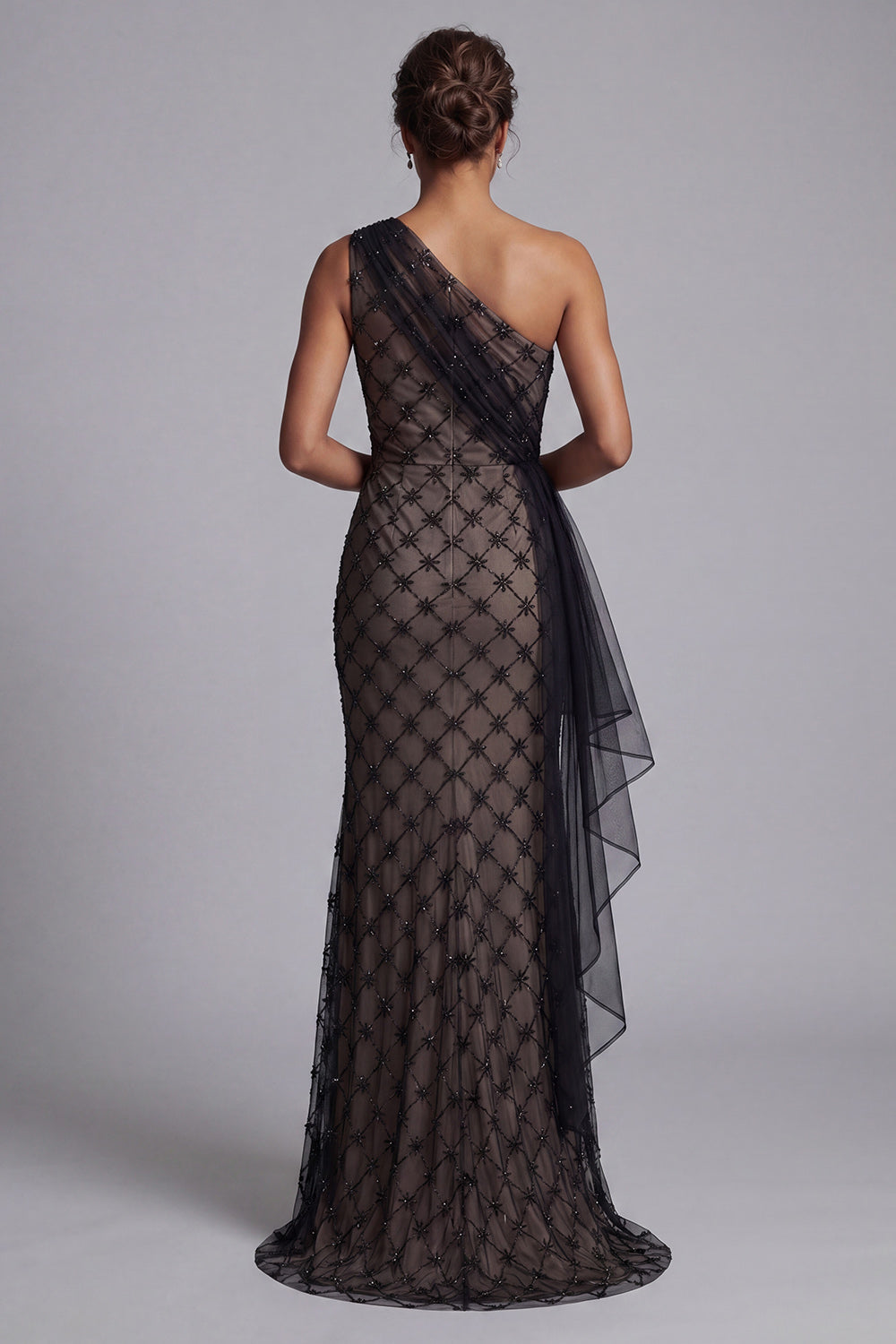 One Shoulder Sparkly Black Beaded Mermaid Long Mother of the Bride Dress with Ruffles
