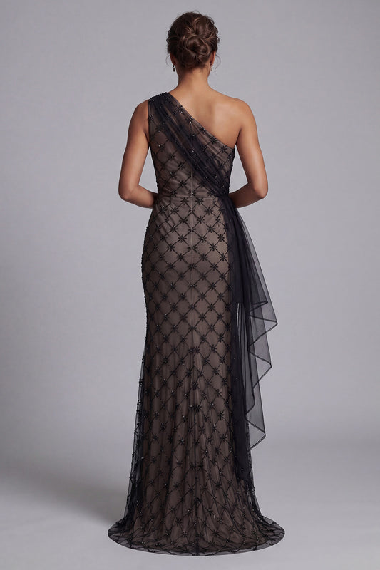 One Shoulder Sparkly Black Beaded Mermaid Long Mother of the Bride Dress with Ruffles