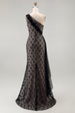One Shoulder Sparkly Black Beaded Mermaid Long Mother of the Bride Dress with Ruffles