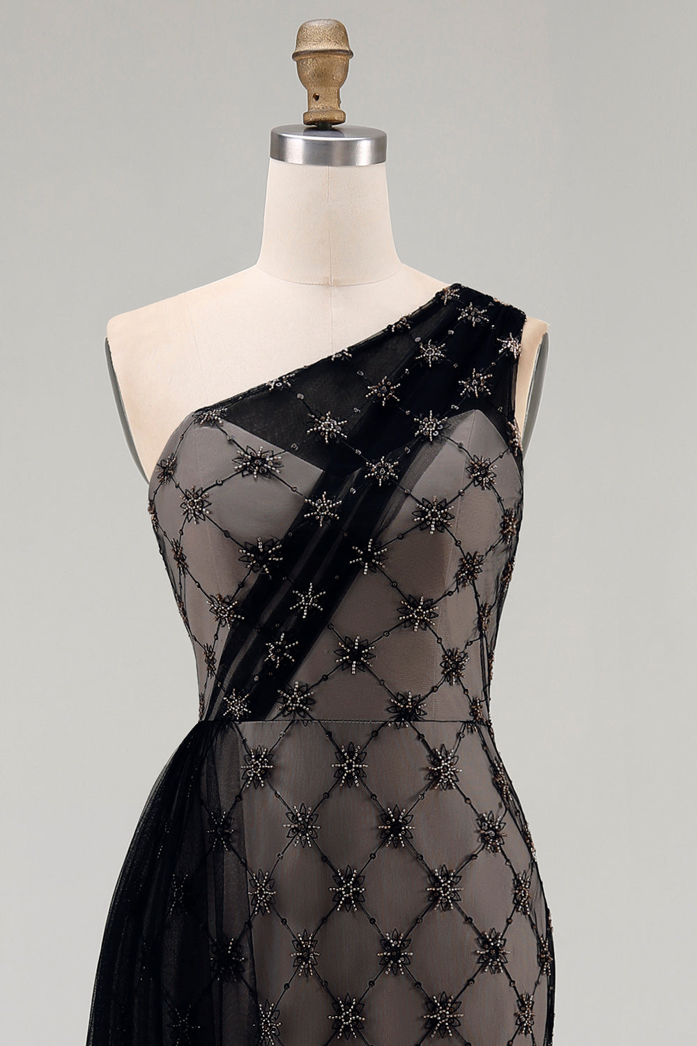 One Shoulder Sparkly Black Beaded Mermaid Long Mother of the Bride Dress with Ruffles