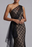 One Shoulder Sparkly Black Beaded Mermaid Long Mother of the Bride Dress with Ruffles