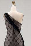 One Shoulder Sparkly Black Beaded Mermaid Long Mother of the Bride Dress with Ruffles