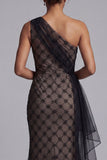 One Shoulder Sparkly Black Beaded Mermaid Long Mother of the Bride Dress with Ruffles