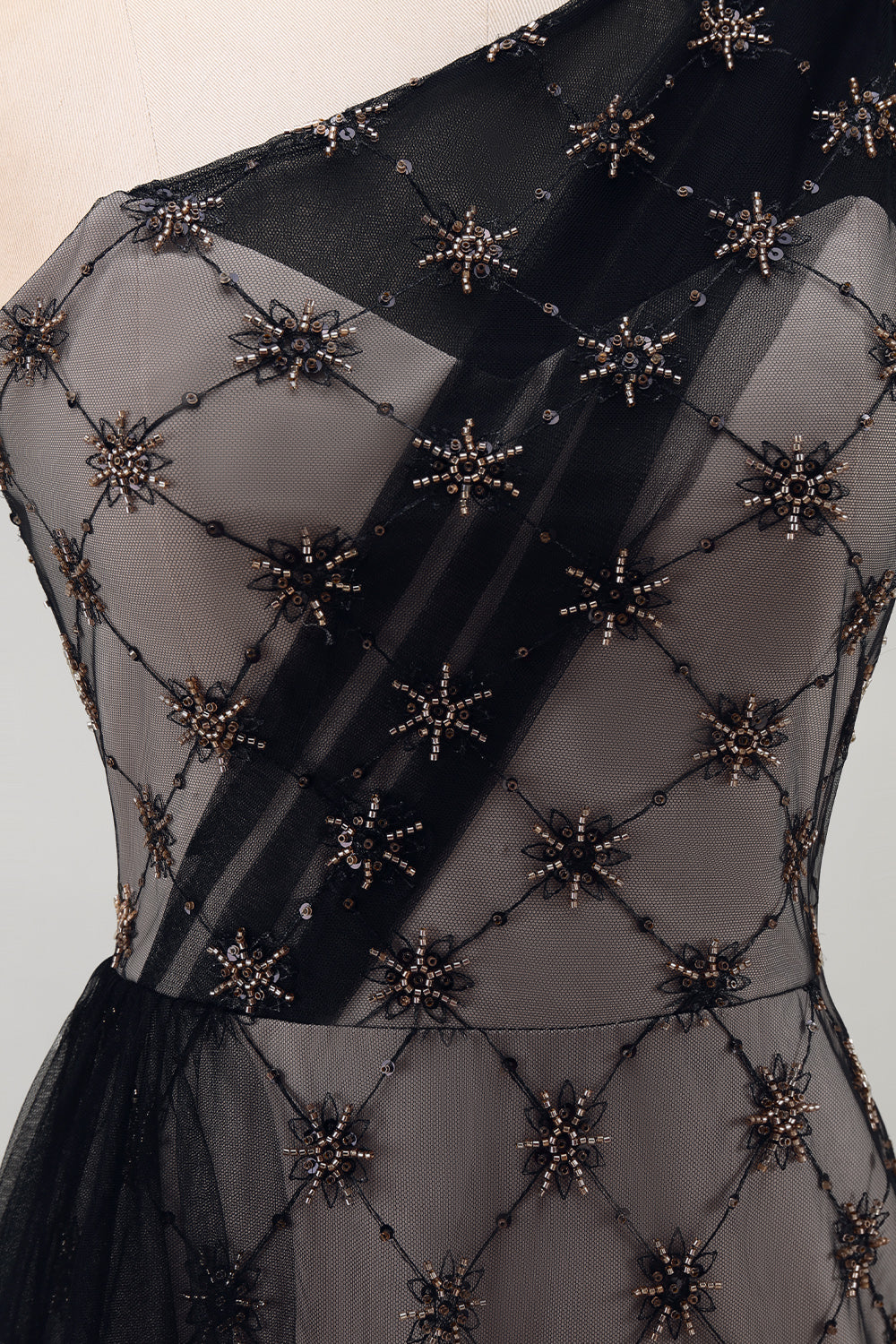 One Shoulder Sparkly Black Beaded Mermaid Long Mother of the Bride Dress with Ruffles