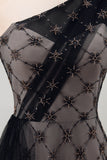One Shoulder Sparkly Black Beaded Mermaid Long Mother of the Bride Dress with Ruffles