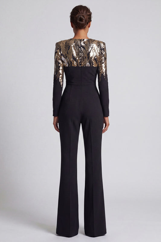 Round Neck Sparkly Black Sequin Beaded Mother of the Bride Jumpsuits