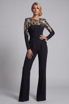 Round Neck Sparkly Black Sequin Beaded Mother of the Bride Jumpsuits