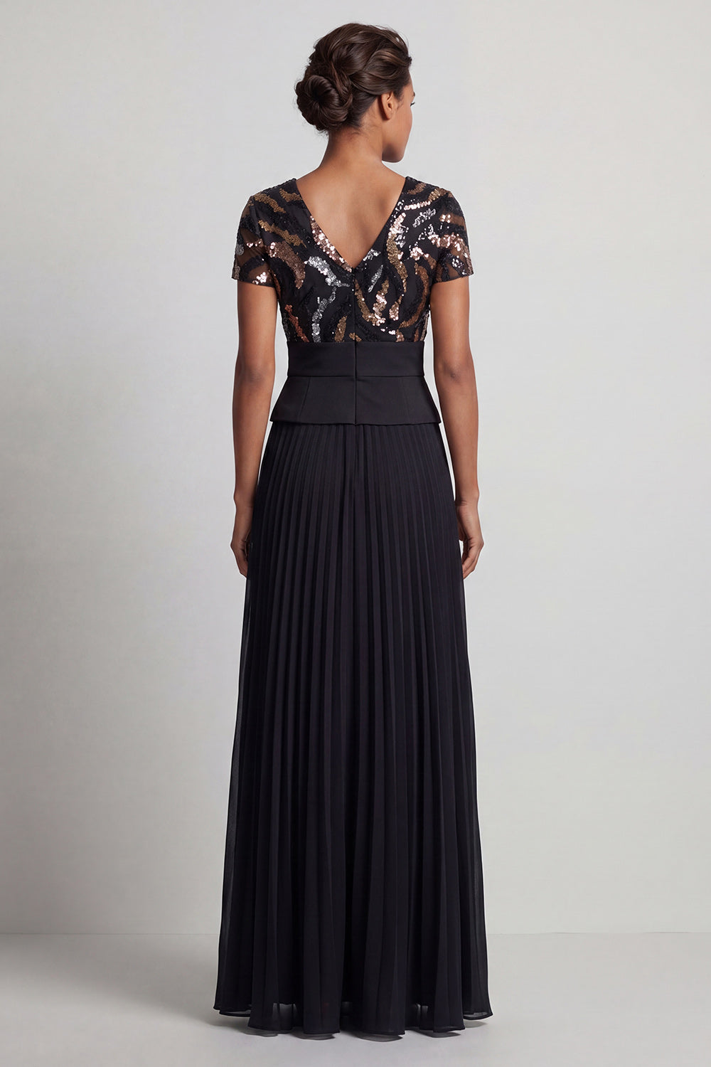 V-Neck Sparkly Black Beaded A Line Long Mother of the Bride Dress with Pleats