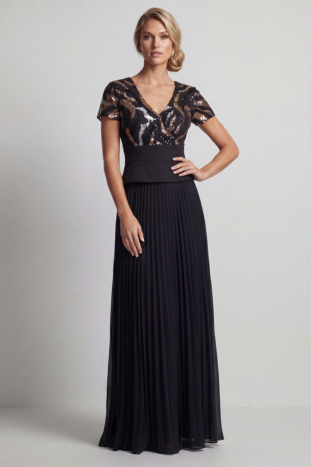 V-Neck Sparkly Black Beaded A Line Long Mother of the Bride Dress with Pleats