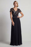 V-Neck Sparkly Black Beaded A Line Long Mother of the Bride Dress with Pleats