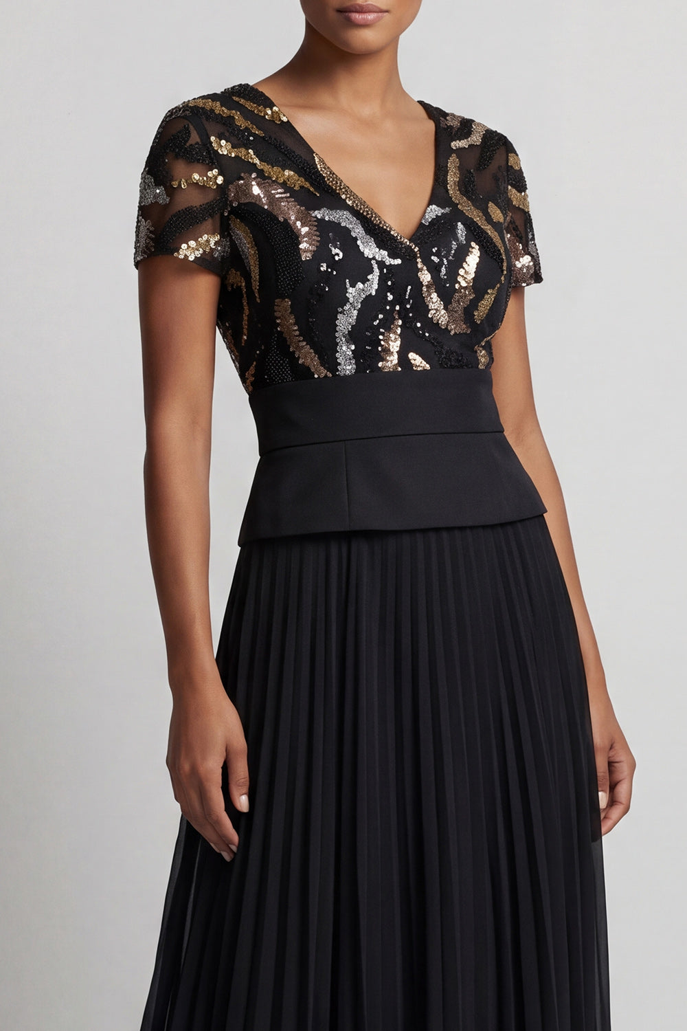 V-Neck Sparkly Black Beaded A Line Long Mother of the Bride Dress with Pleats