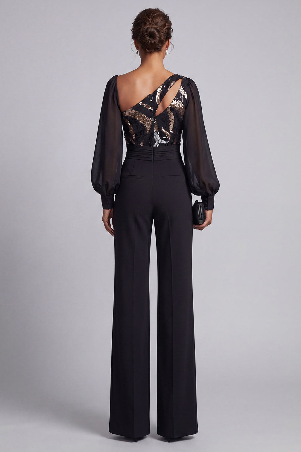 Keyhole Sparkly Black Sequin Mother of the Bride Jumpsuits with Sleeves