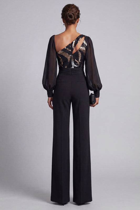Keyhole Sparkly Black Sequin Mother of the Bride Jumpsuits with Sleeves