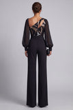 Keyhole Sparkly Black Sequin Mother of the Bride Jumpsuits with Sleeves