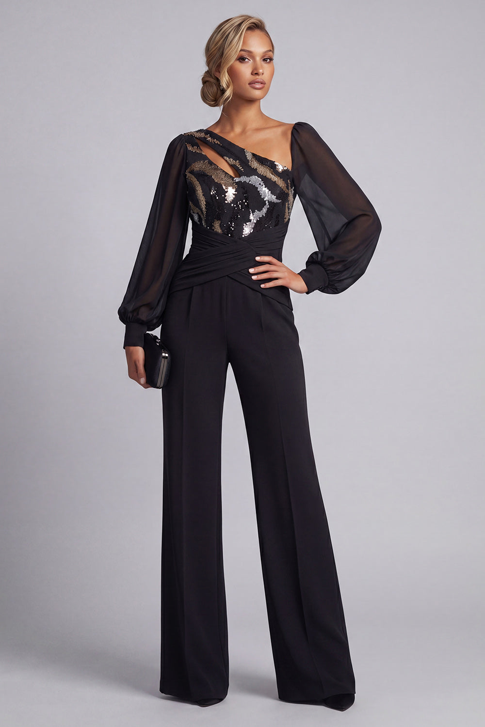 Sparkly Black Keyhole Mother of the Bride Jumpsuits Asymmetrical Neck Sequin Beaded Long Sleeves Mother of the Groom Pantsuits