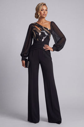 Sparkly Black Keyhole Mother of the Bride Jumpsuits Asymmetrical Neck Sequin Beaded Long Sleeves Mother of the Groom Pantsuits