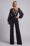 Sparkly Black Keyhole Mother of the Bride Jumpsuits Asymmetrical Neck Sequin Beaded Long Sleeves Mother of the Groom Pantsuits