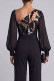 Keyhole Sparkly Black Sequin Mother of the Bride Jumpsuits with Sleeves