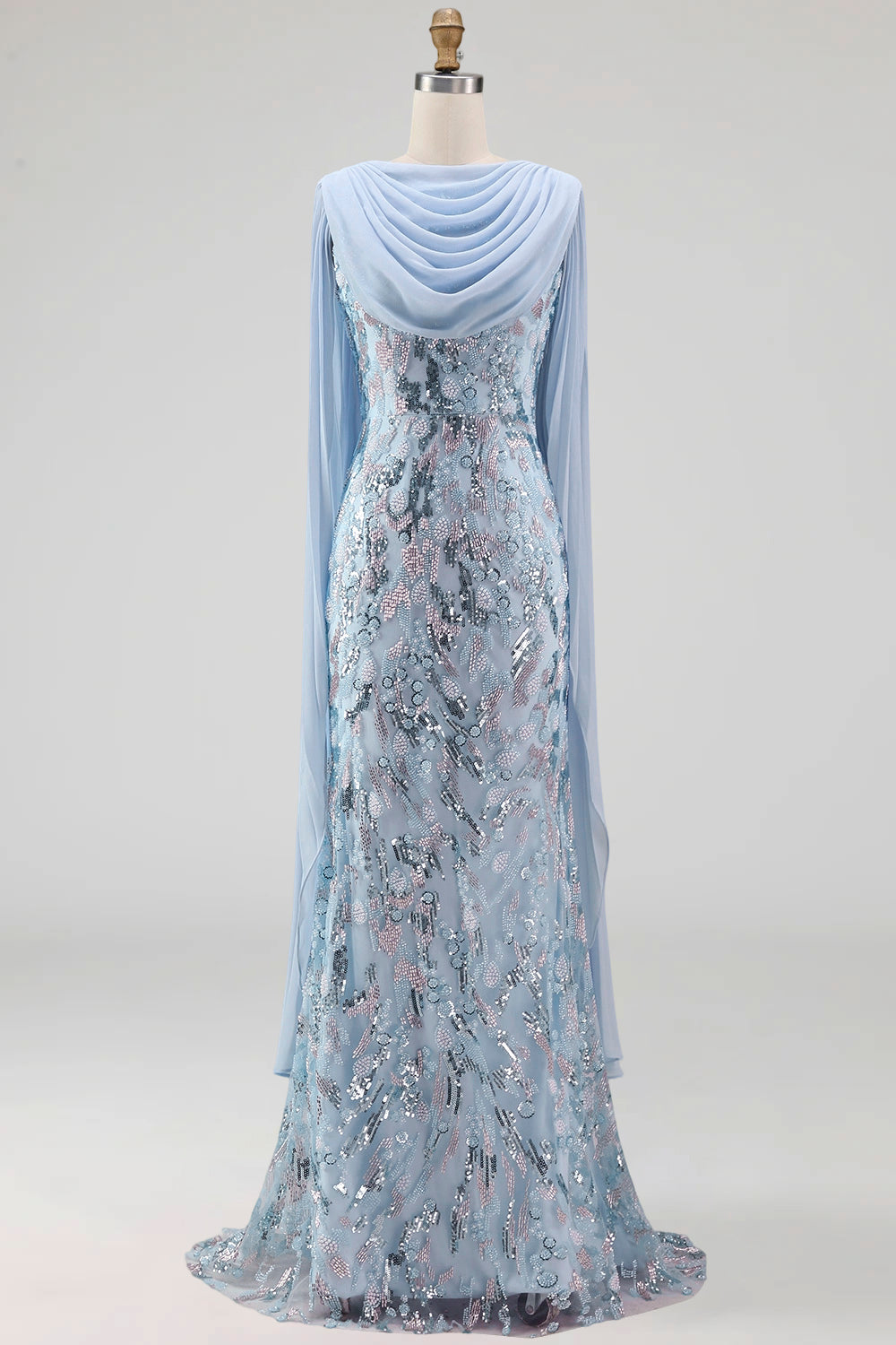 Sparkly Sky Blue Mermaid Long Beaded Mother of the Bride Dress with Cape
