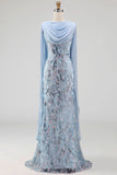 Sparkly Sky Blue Mermaid Long Beaded Mother of the Bride Dress with Cape