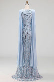 Sparkly Sky Blue Mermaid Long Beaded Mother of the Bride Dress with Cape