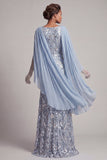 Sparkly Sky Blue Mermaid Long Beaded Mother of the Bride Dress with Cape