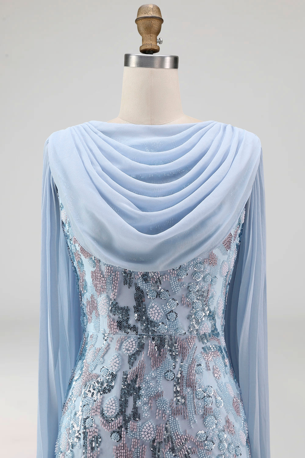 Sparkly Sky Blue Mermaid Long Beaded Mother of the Bride Dress with Cape
