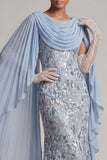 Sparkly Sky Blue Mermaid Long Beaded Mother of the Bride Dress with Cape