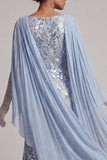 Sparkly Sky Blue Mermaid Long Beaded Mother of the Bride Dress with Cape