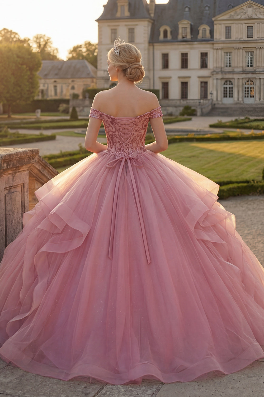 Pink Sequin Long Princess Quinceanera Dress with Ruffles