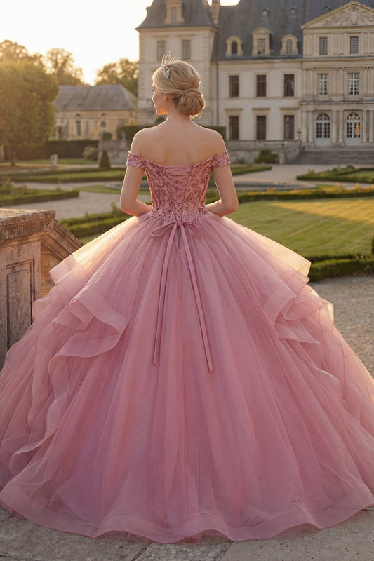 Pink Sequin Long Princess Quinceanera Dress with Ruffles