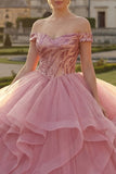 Pink Sequin Long Princess Quinceanera Dress with Ruffles