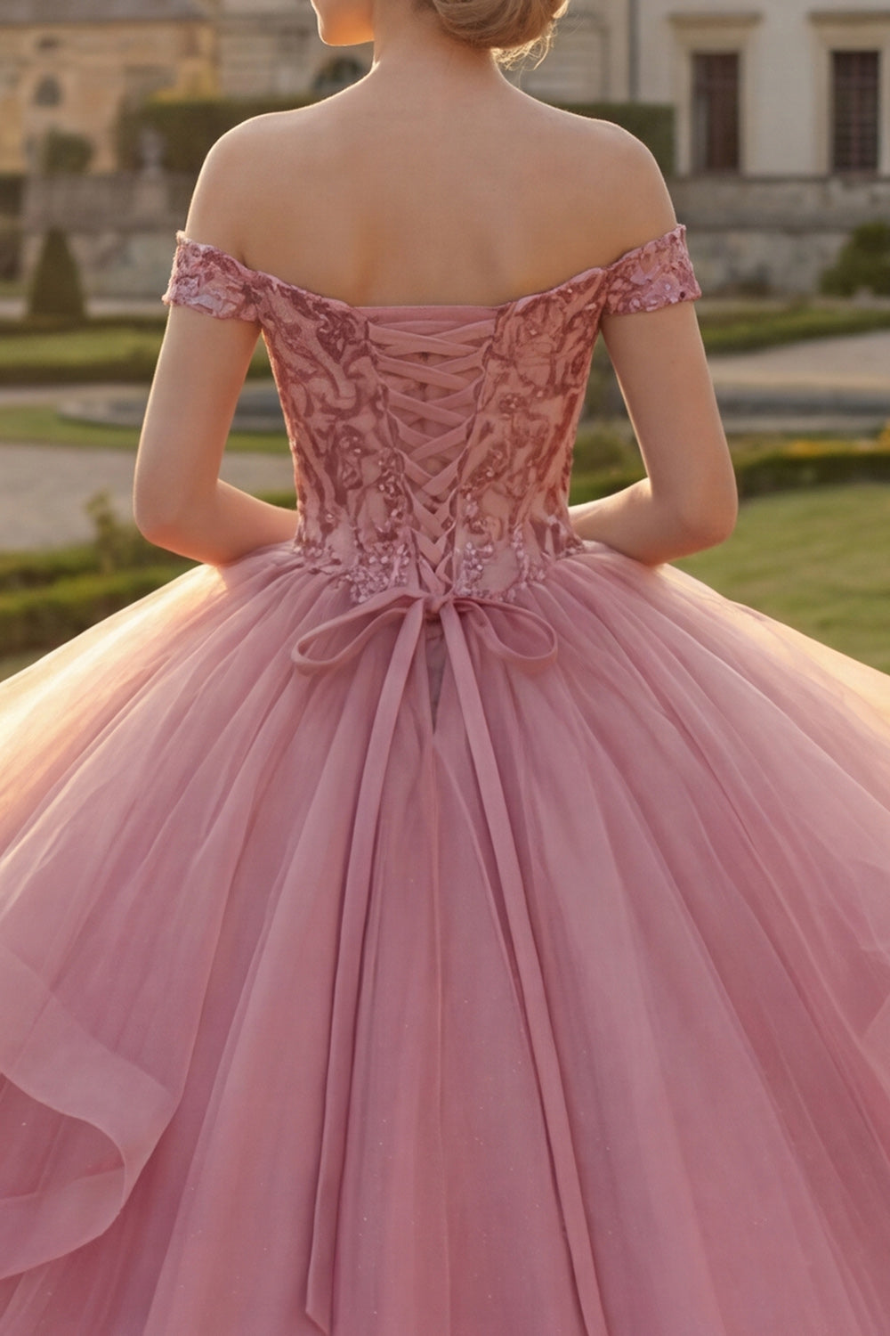 Pink Sequin Long Princess Quinceanera Dress with Ruffles